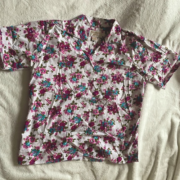Purple Flower White Button-Down T-Shirt - Picture 1 of 2